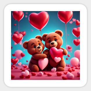 Teddy celebrating Valentines day, randome floating love hearts Sticker